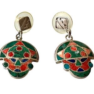 Vintage from Nepal dangle Sterling pierced earrings with coral, turquoise, lapis